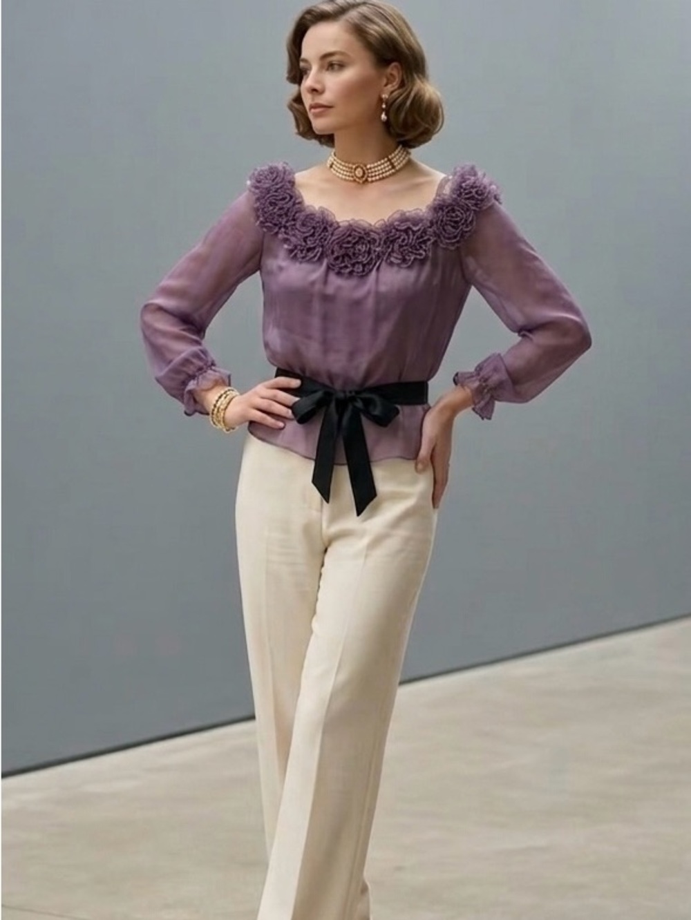 Victor Costa Purple Whimsical rosette Blouse size small